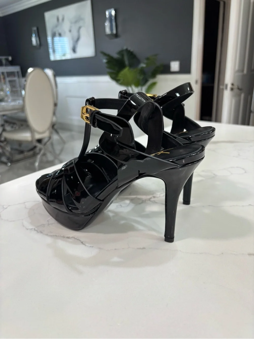 Saint Laurent Black Patent Platform T-Strap Sandals with Gold Buckle - Picture 8 of 12